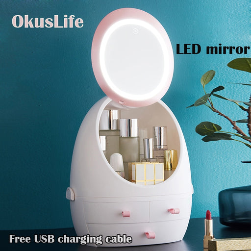 LED HD Mirror Makeup Storage Box Cosmetic Organizer Case